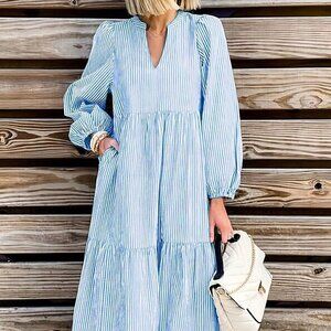 Blue Casual Women's Striped Printed Daily Dress